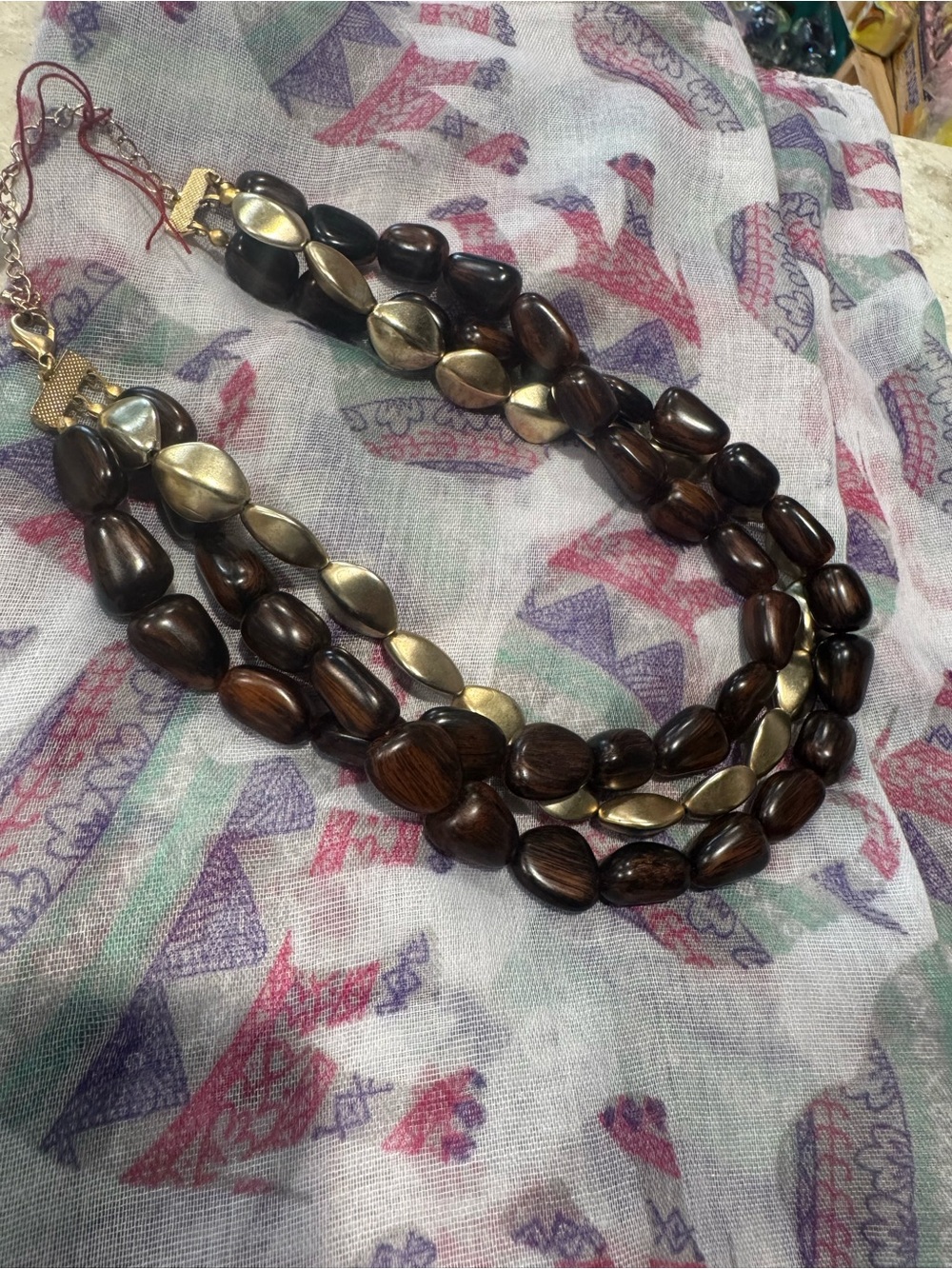 Scarf/ Multi-Strand Brown Wood and Gold Bead Necklace set - Women Jewelry
